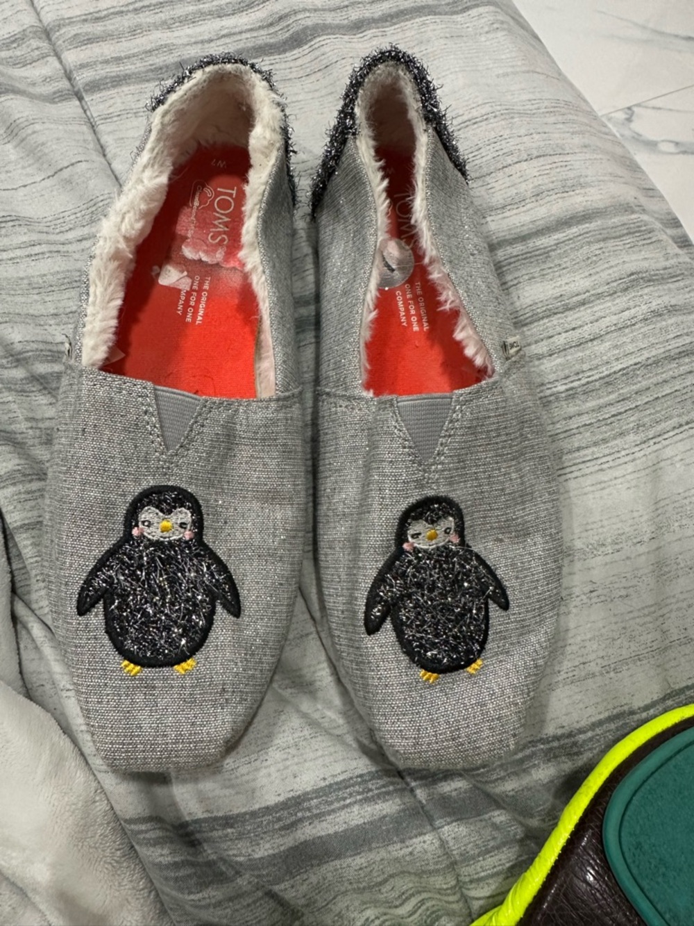 Toms Gray Slip-On Shoes with Penguin Embroidery